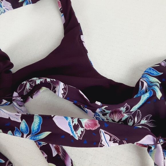 Decree Womens Small Wrap Style Front Purple Plum Tropical Floral Bikini Top - Picture 5 of 14